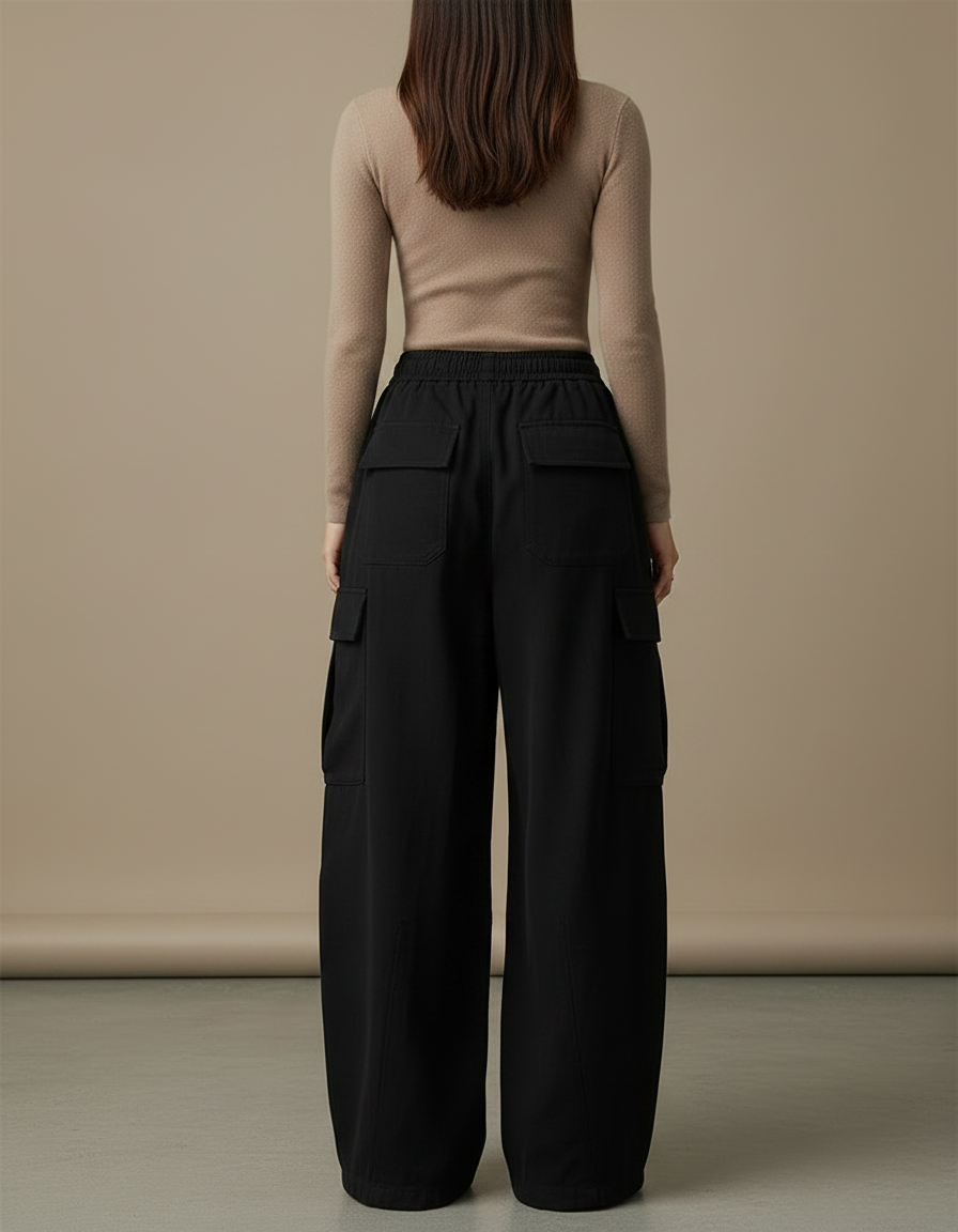 Pantalon Japonais Cargo Noir Ample Décontracté Femme - Gabardine - vue 2