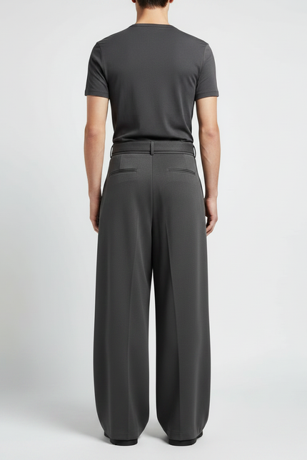 Pantalon Japonais Large Ceinturé Gris Ample Élégant - Polyester - vue 2