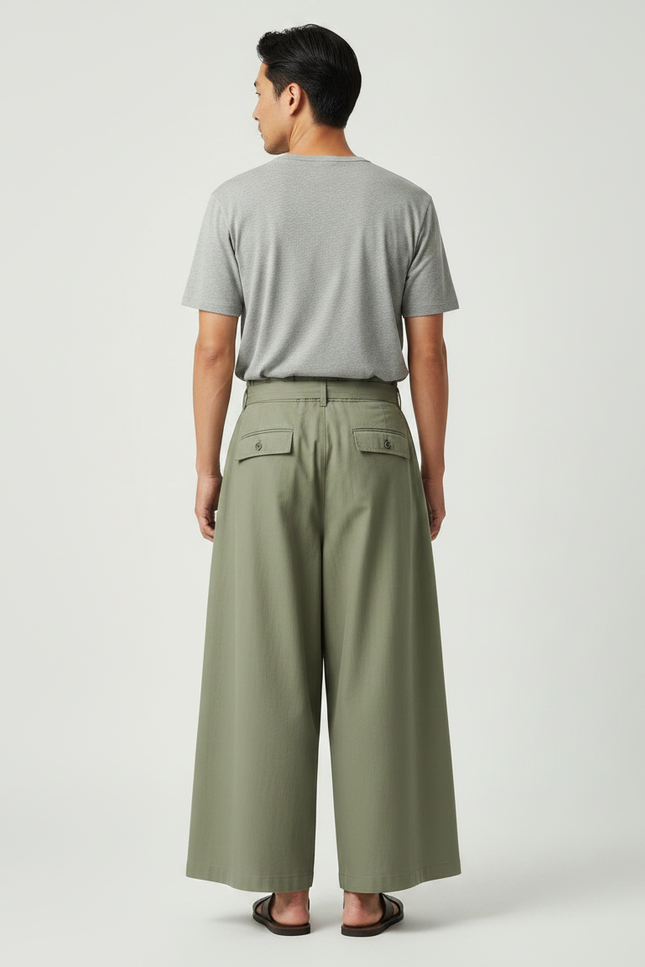 Pantalon Japonais Large Vert Kaki Plissé Ceinturé Coton - vue 2