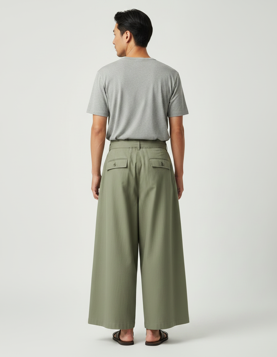 Pantalon Japonais Large Vert Kaki Plissé Ceinturé Coton - vue 2