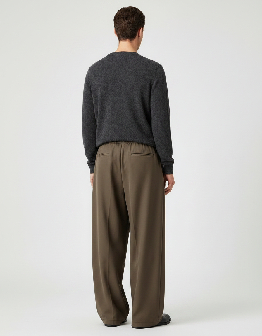 Pantalon Japonais Marron Ample Plissé Décontracté Minimaliste - Kaki Polyester - vue 2