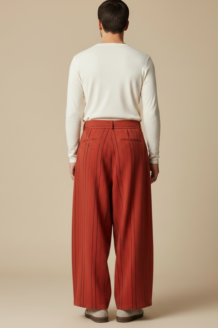 Pantalon Japonais Ample Rayé Coton Ceinturé Marron - Gabardine - vue 2