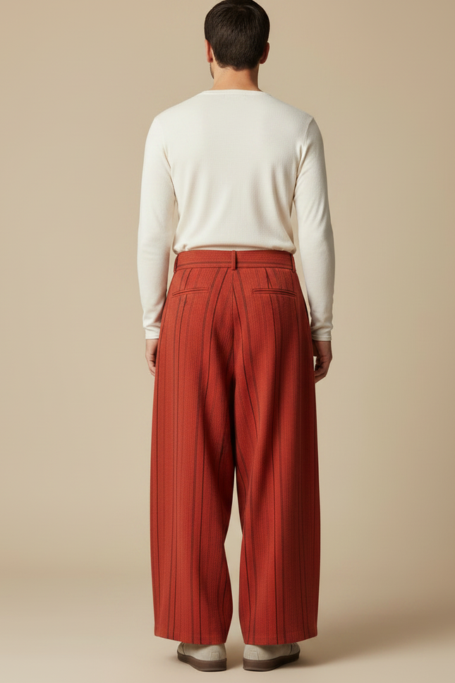 Pantalon Japonais Ample Rayé Coton Ceinturé Marron - Gabardine - vue 2