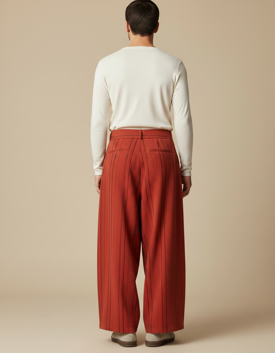 Pantalon Japonais Ample Rayé Coton Ceinturé Marron - Gabardine - vue 2