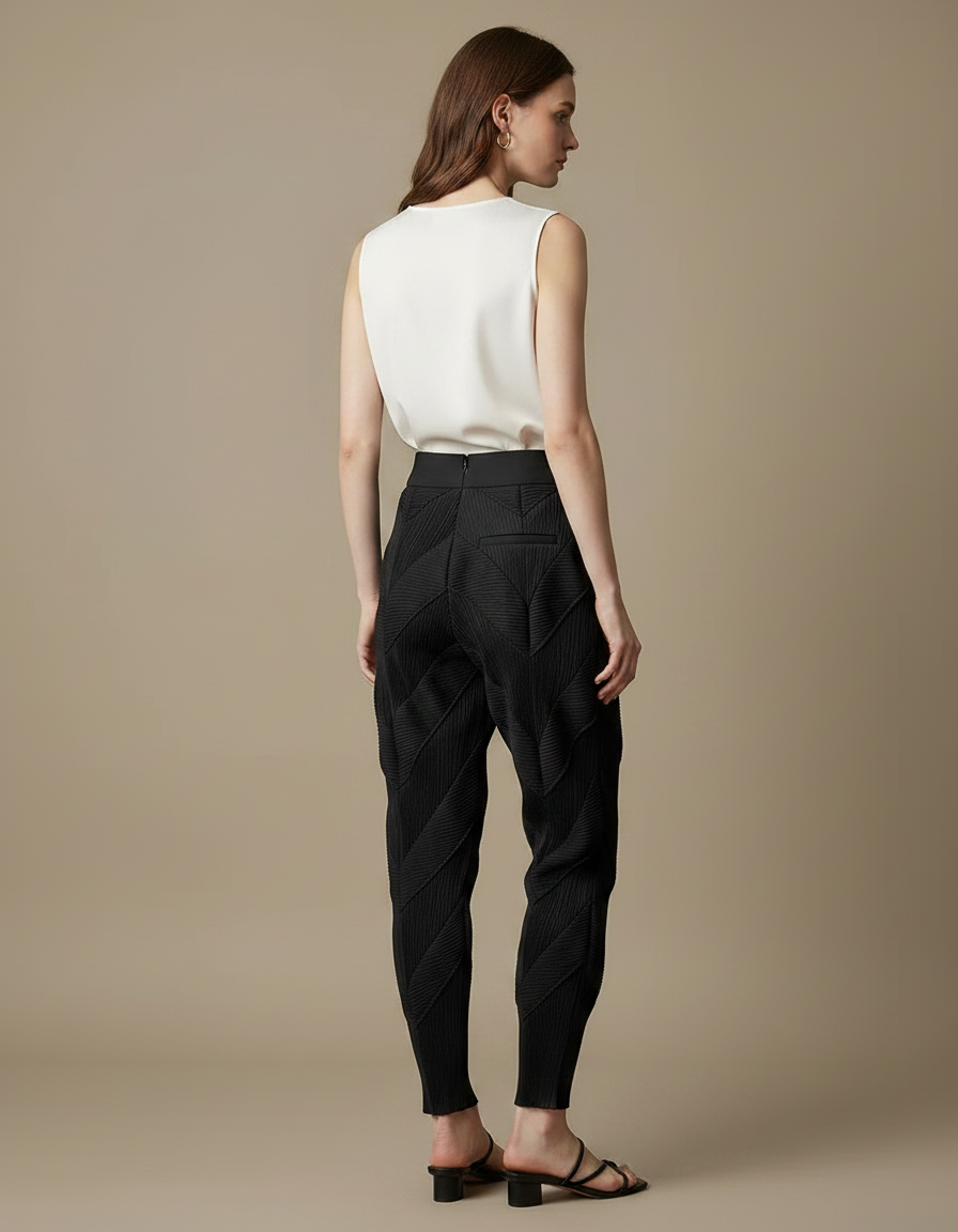 Pantalon Japonais Plissé Noir Texturé Élégant Femme - Polyester - vue 2