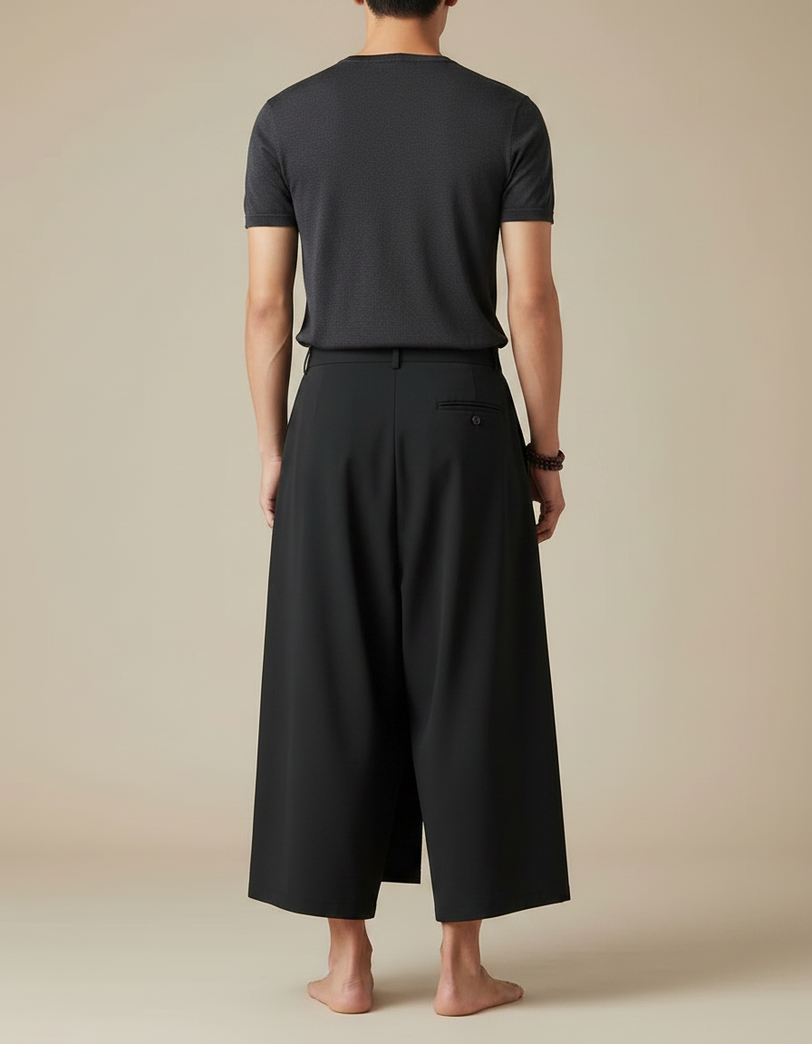 Pantalon Japonais Noir Ample Fluide Asymétrique Gothique - Polyester - vue 2