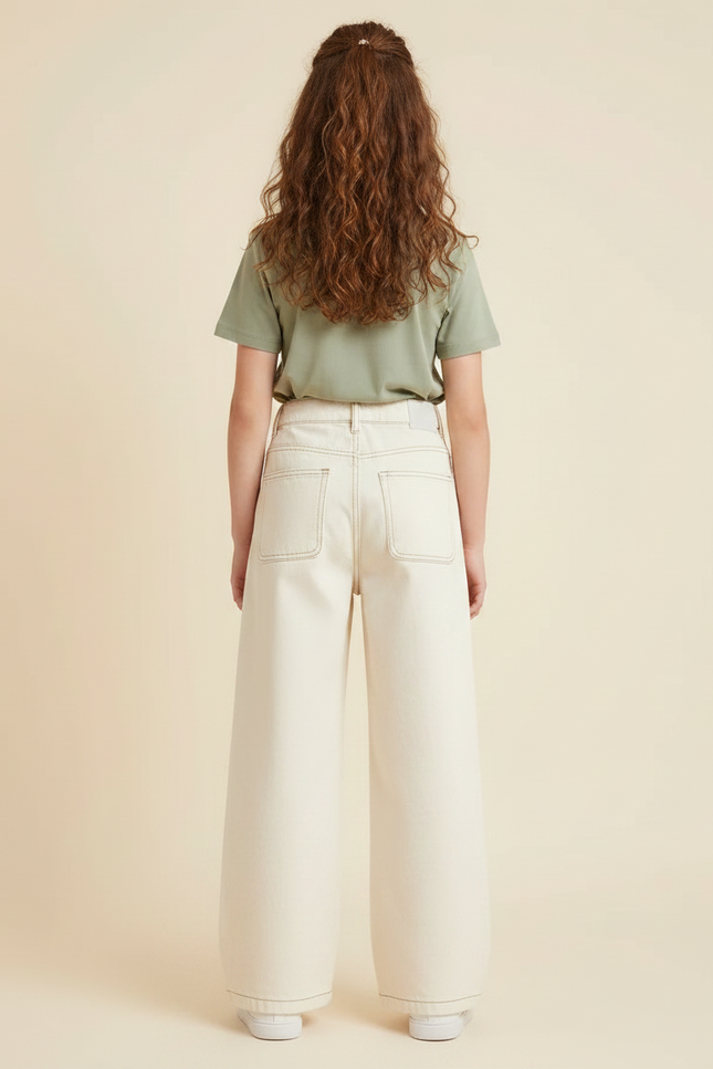 Pantalon Japonais Large Écru Coton Taille Haute Fille - Beige - vue 2