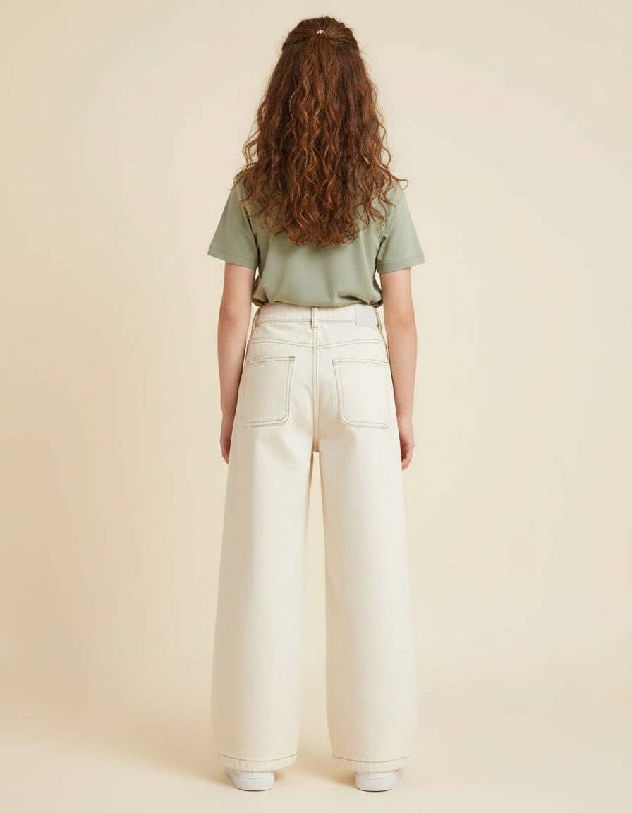 Pantalon Japonais Large Écru Coton Taille Haute Fille - Beige - vue 2