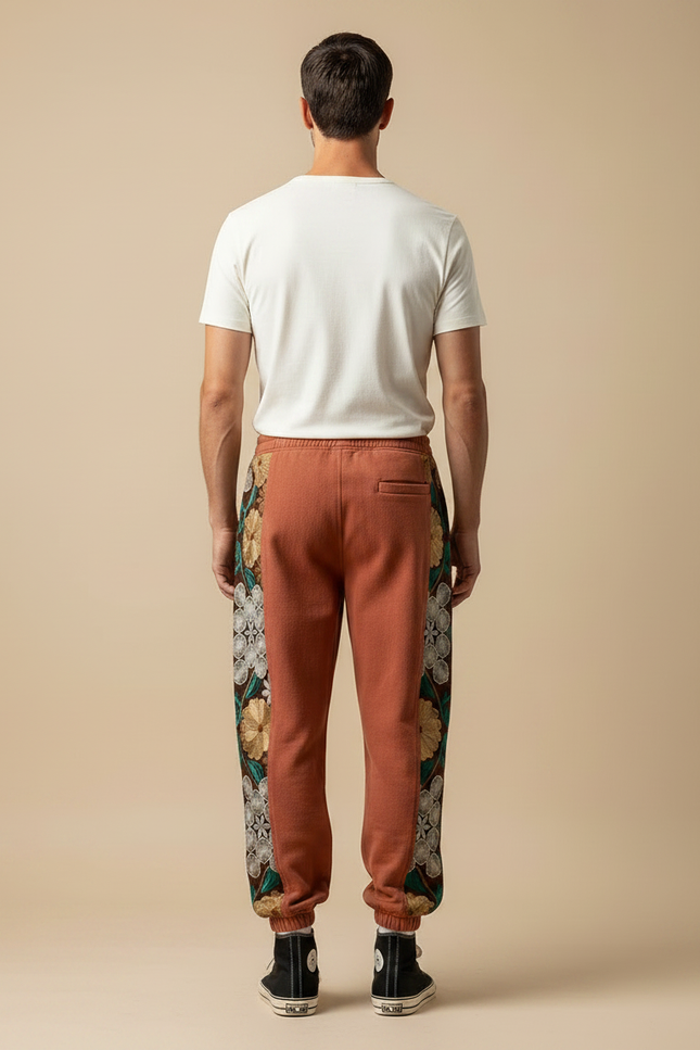 Pantalon Japonais Marron Brodé Floral Ample Coton - Molleton - vue 2