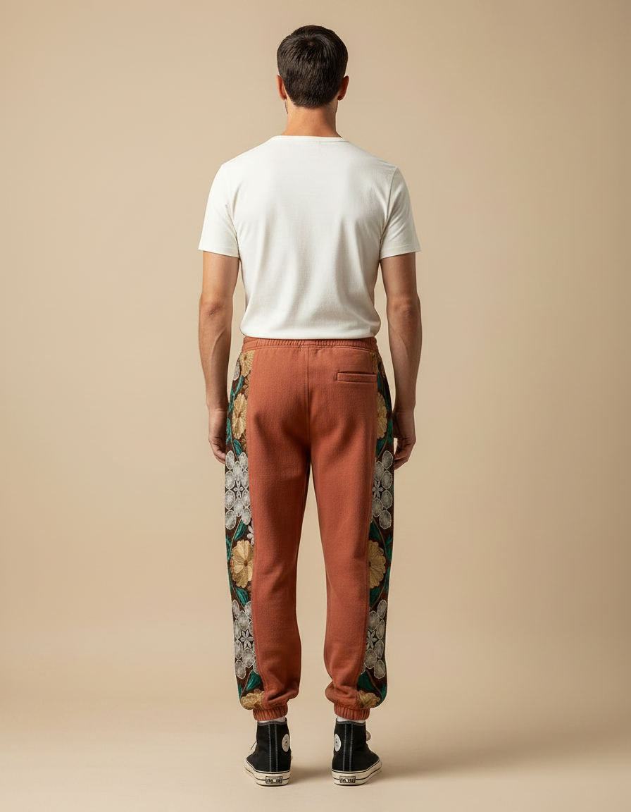Pantalon Japonais Marron Brodé Floral Ample Coton - Molleton - vue 2