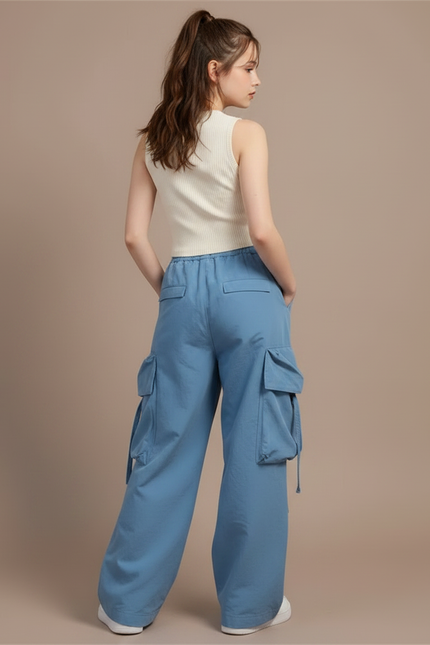 Pantalon Japonais Bleu Cargo Ample Décontracté Fille - Toile - vue 2