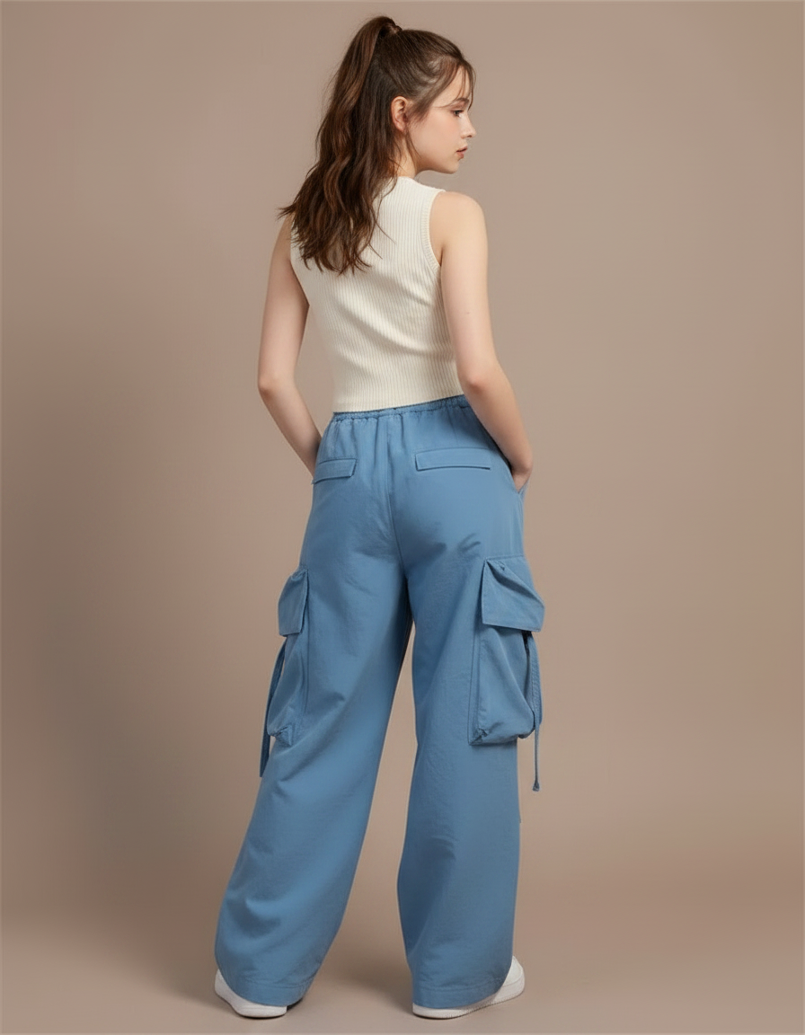 Pantalon Japonais Bleu Cargo Ample Décontracté Fille - Toile - vue 2