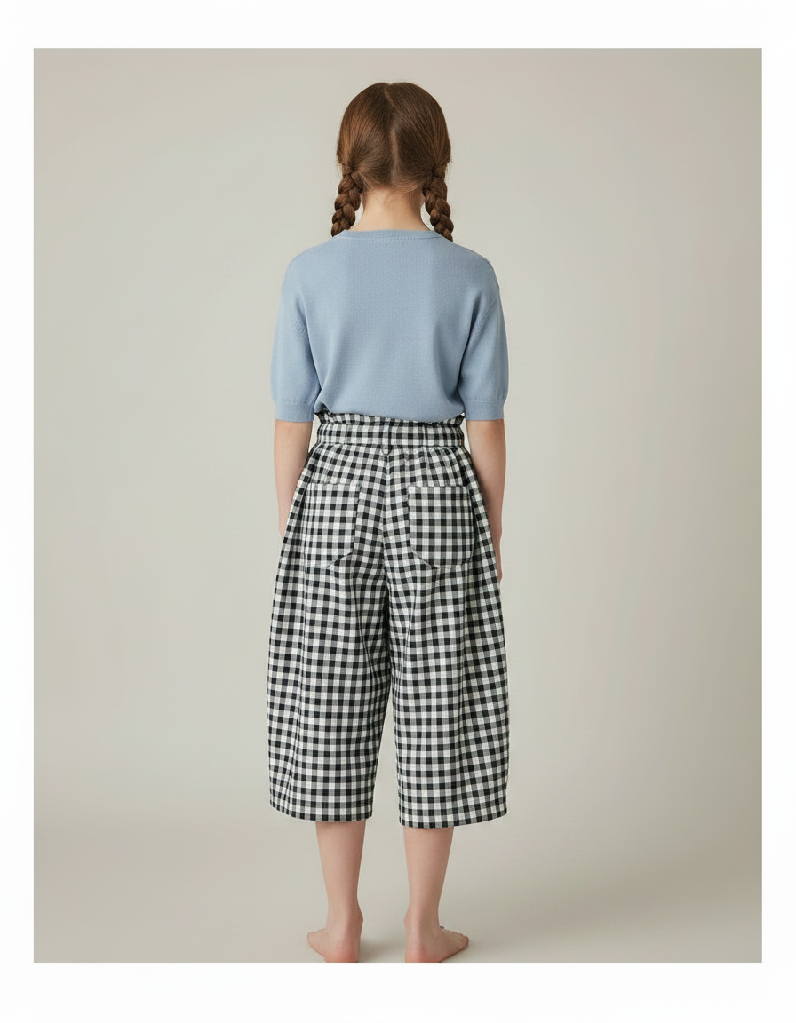 Pantalon Japonais Carreaux Ample Fluide Taille Haute Fille - Imprimé Coton - vue 2