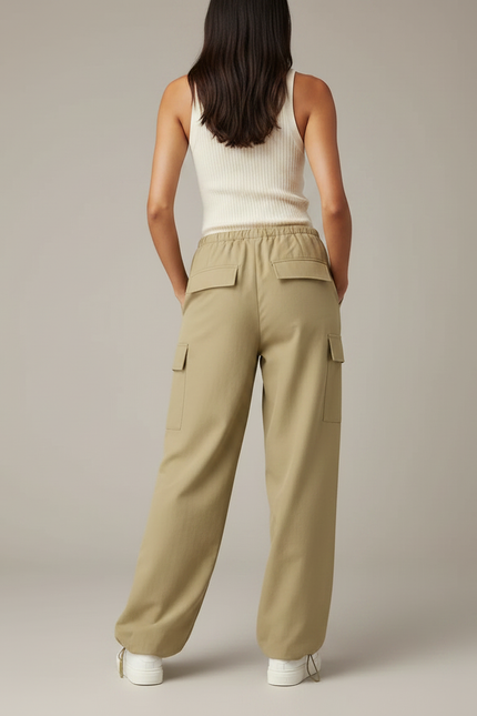 Pantalon Japonais Kaki Cargo Ample Cordon Tissé Confortable - Gabardine - vue 2