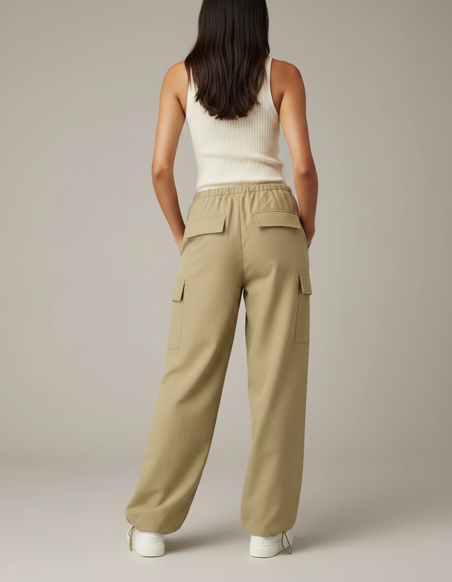 Pantalon Japonais Kaki Cargo Ample Cordon Tissé Confortable - Gabardine - vue 2