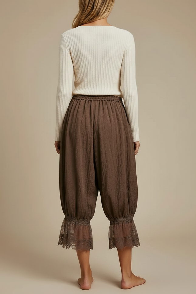 Pantalon Japonais Marron Ample Élastique Dentelle Femme - Lin - vue 2