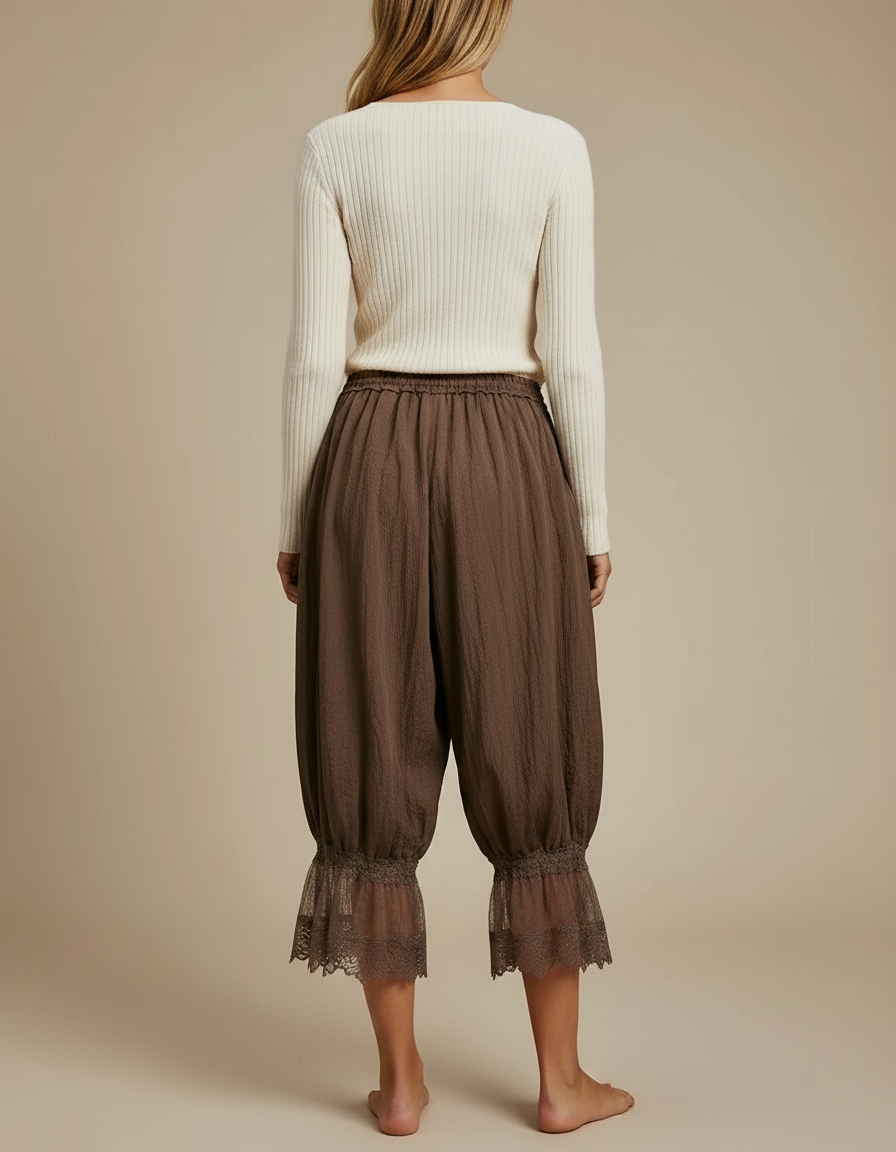 Pantalon Japonais Marron Ample Élastique Dentelle Femme - Lin - vue 2