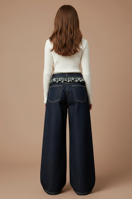Pantalon Japonais Large Denim Plaid Fille Ample - Marine Jean - vue 2