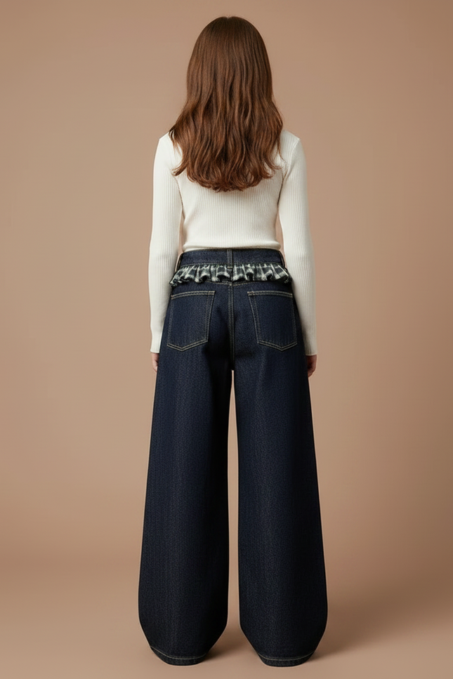 Pantalon Japonais Large Denim Plaid Fille Ample - Marine Jean - vue 2