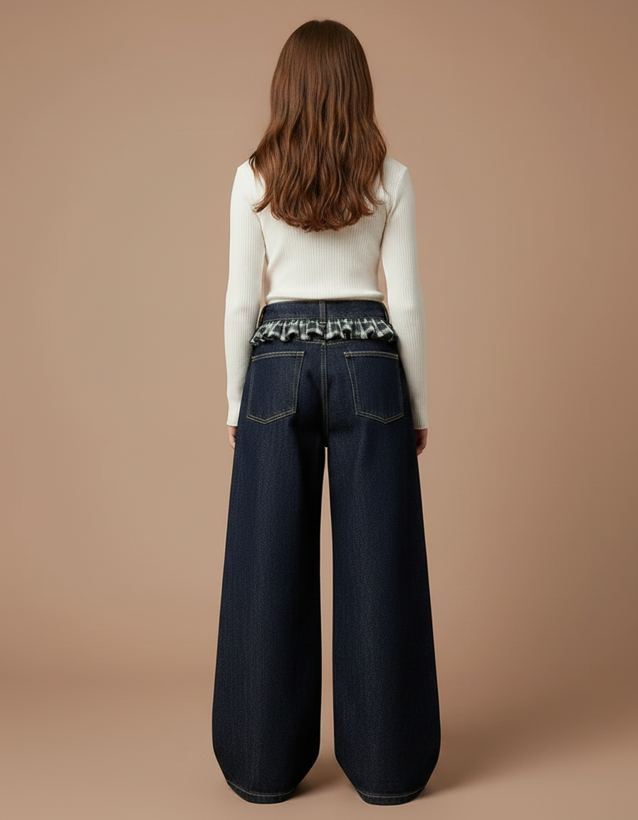 Pantalon Japonais Large Denim Plaid Fille Ample - Marine Jean - vue 2