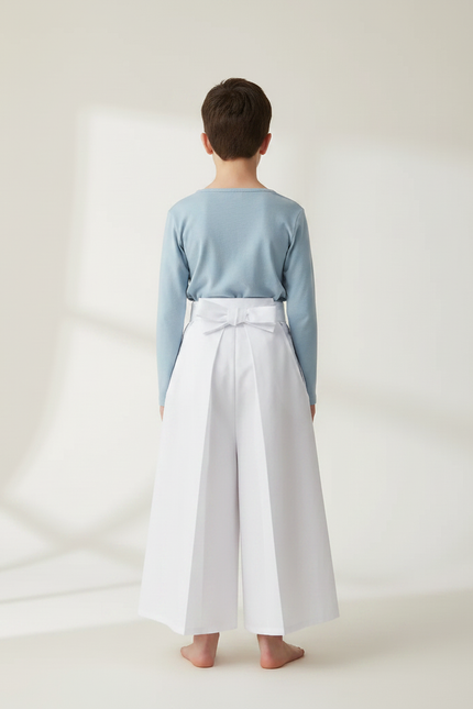 Pantalon Japonais Blanc Plissé Ample Ceinturé Coton - vue 2