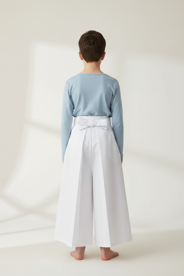Pantalon Japonais Blanc Plissé Ample Ceinturé Coton - vue 2