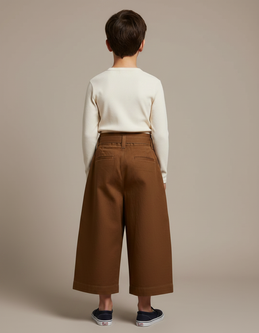 Pantalon Japonais Marron Plissé Ample Ceinturé Coton - Toile - vue 2