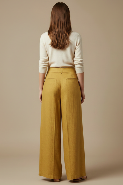 Pantalon Japonais Moutarde Lin Ample Plissé Décontracté - Jaune - vue 2