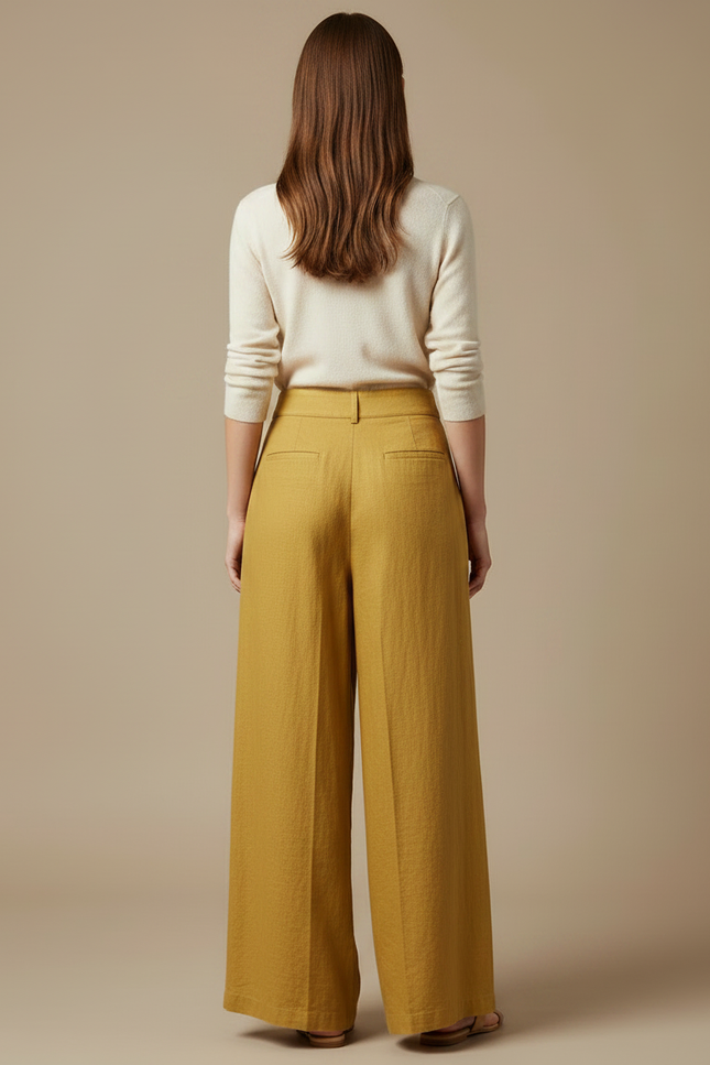 Pantalon Japonais Moutarde Lin Ample Plissé Décontracté - Jaune - vue 2