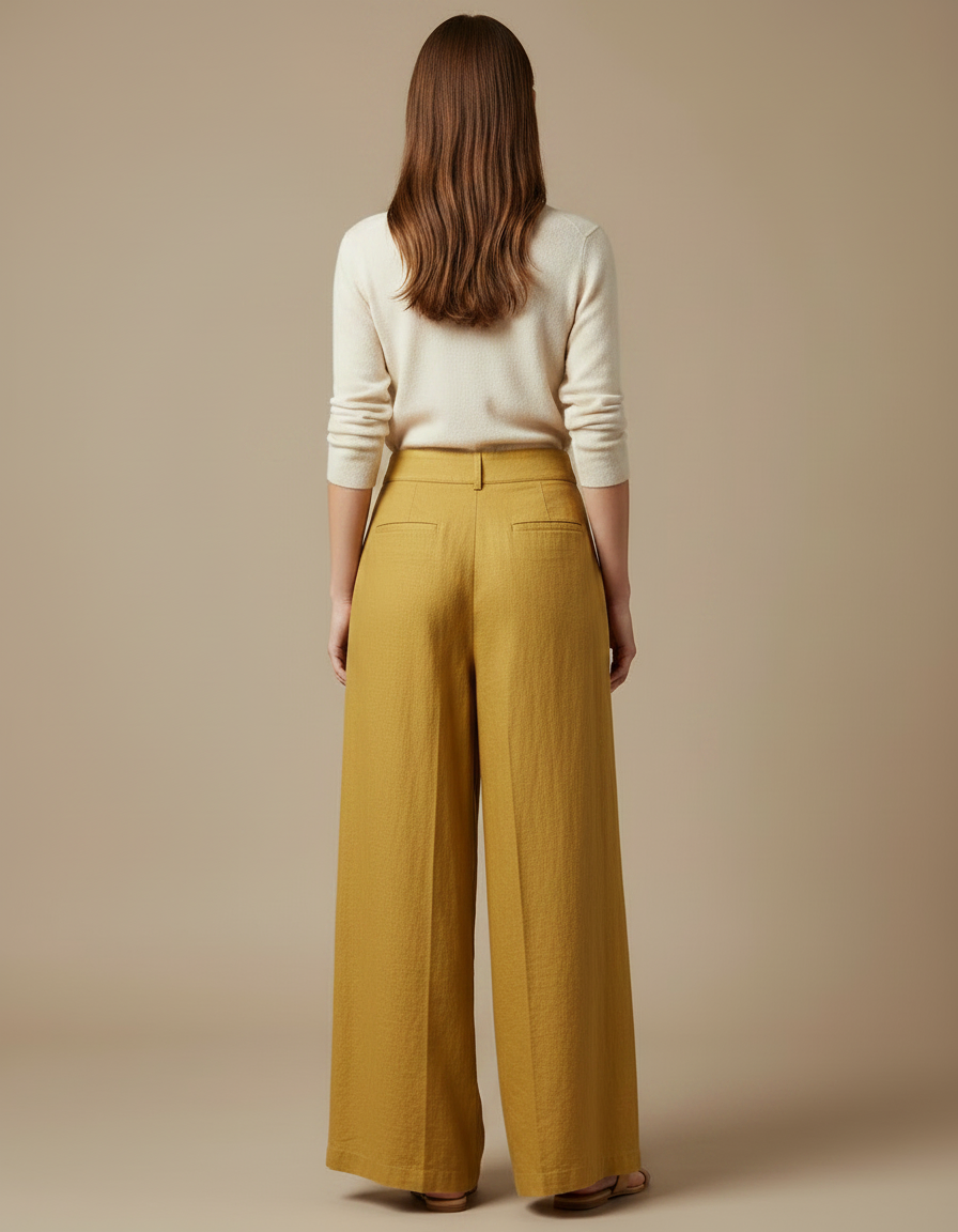 Pantalon Japonais Moutarde Lin Ample Plissé Décontracté - Jaune - vue 2