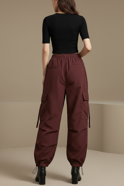 Pantalon Japonais Cargo Marron Ample Décontracté Femme - Bordeaux Polyester - vue 2