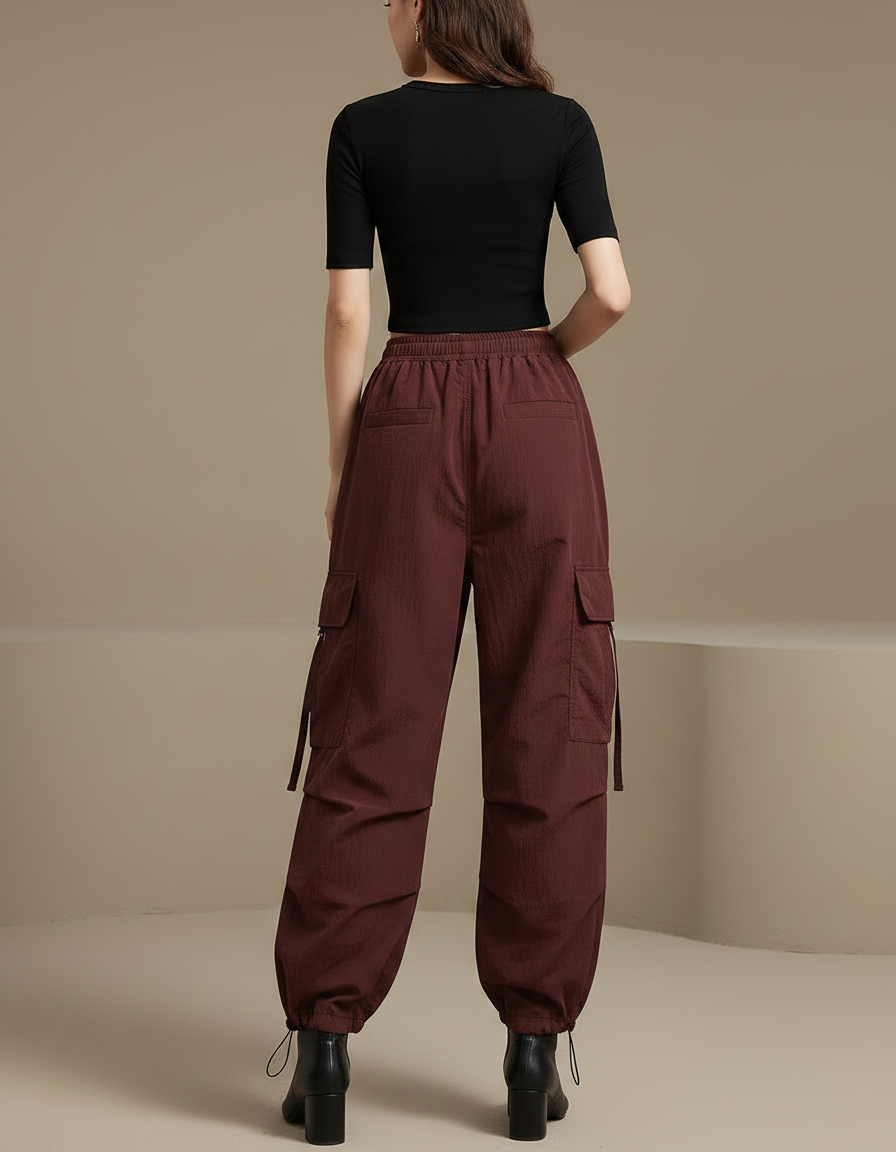 Pantalon Japonais Cargo Marron Ample Décontracté Femme - Bordeaux Polyester - vue 2