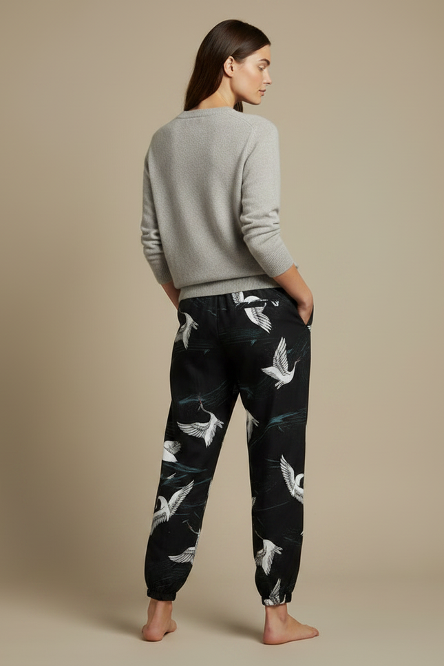 Pantalon Japonais Noir Fluide Grues Resserré Cheville - Imprimé Viscose - vue 2