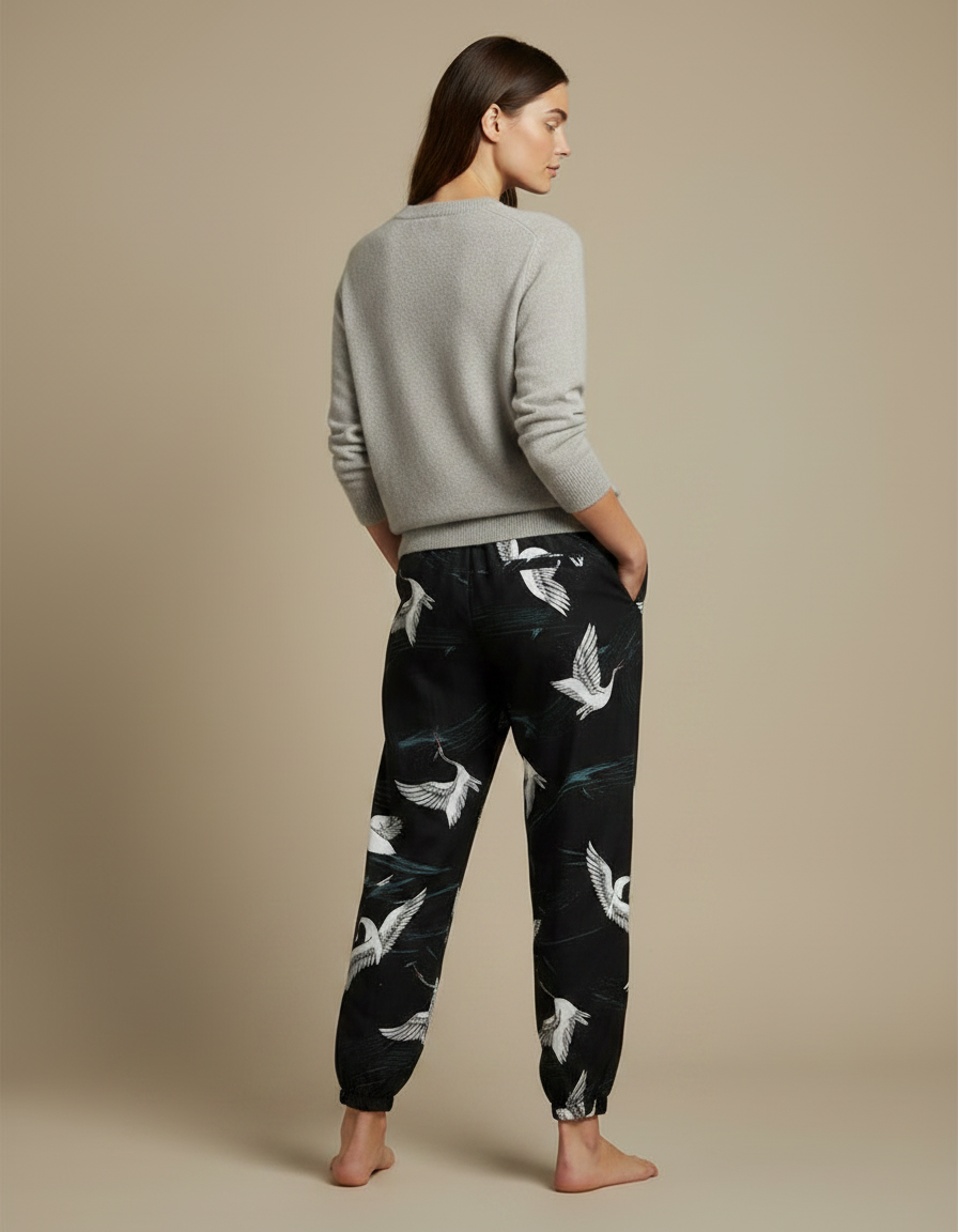 Pantalon Japonais Noir Fluide Grues Resserré Cheville - Imprimé Viscose - vue 2