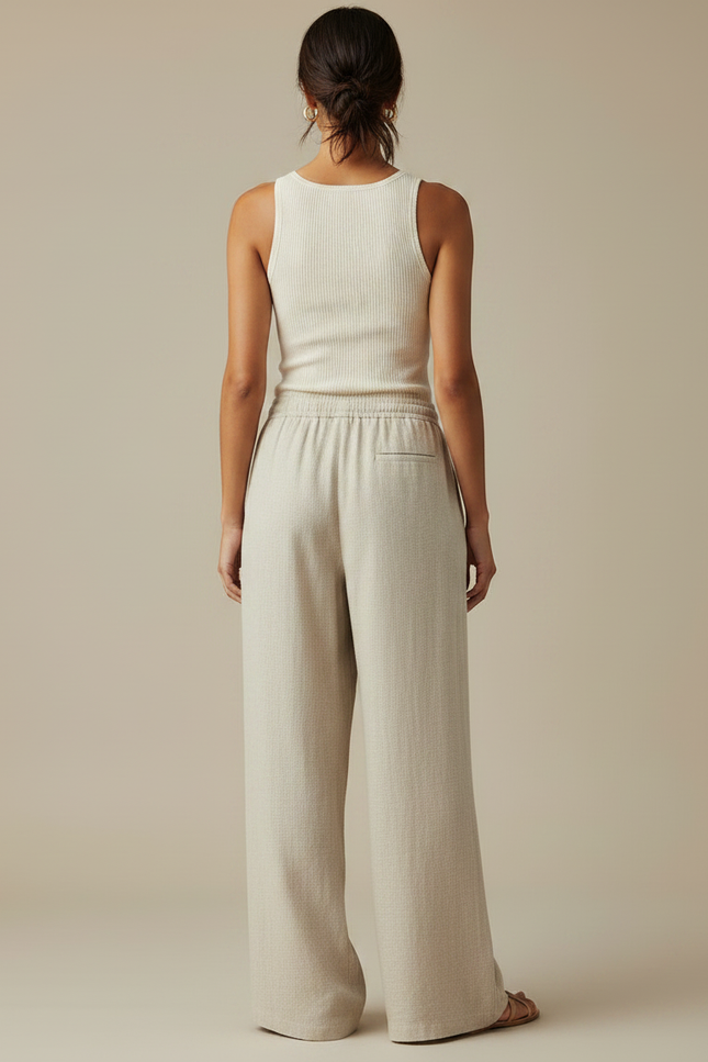Pantalon Japonais Large Lin Ample Beige Cordon Confortable - vue 2
