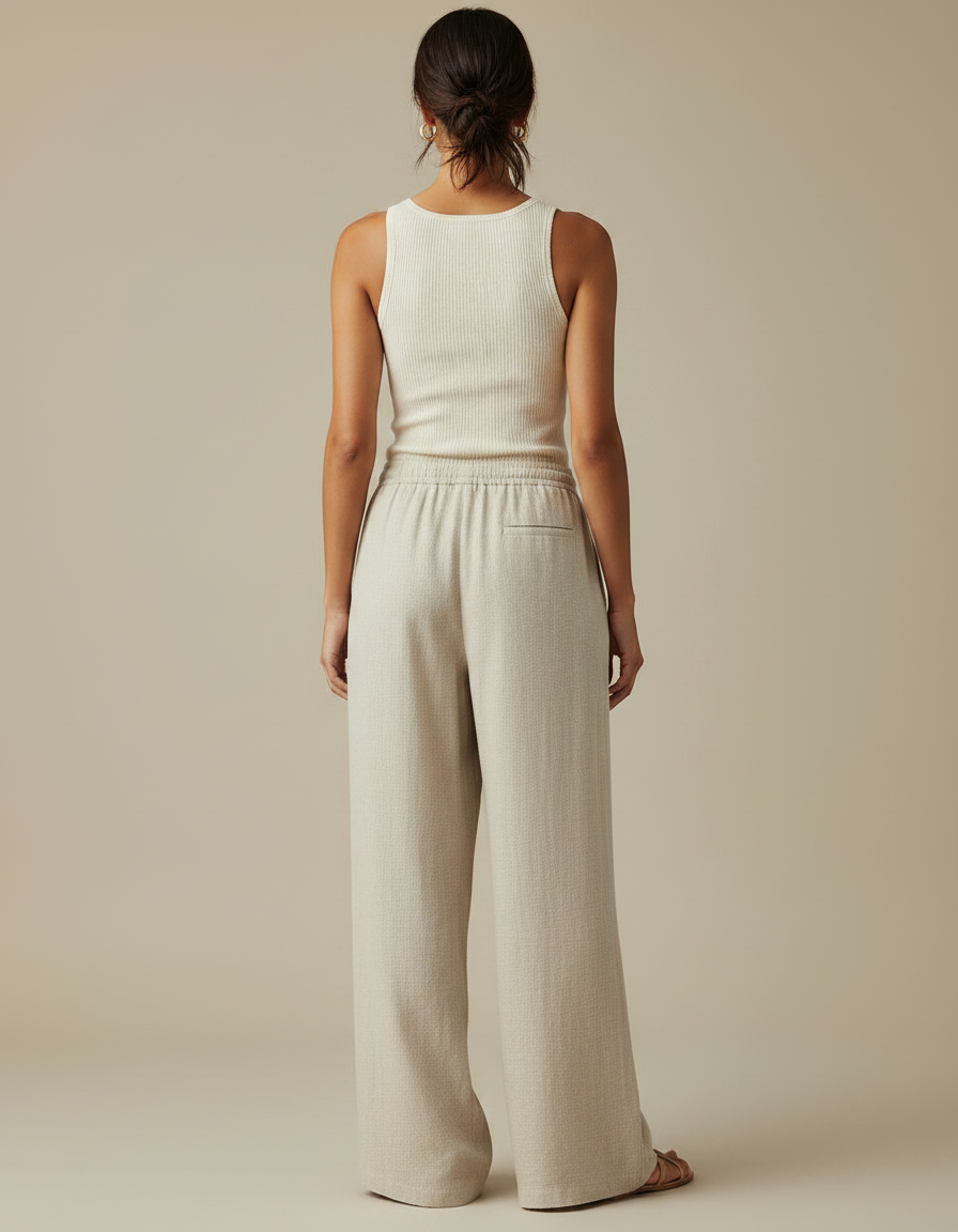 Pantalon Japonais Large Lin Ample Beige Cordon Confortable - vue 2