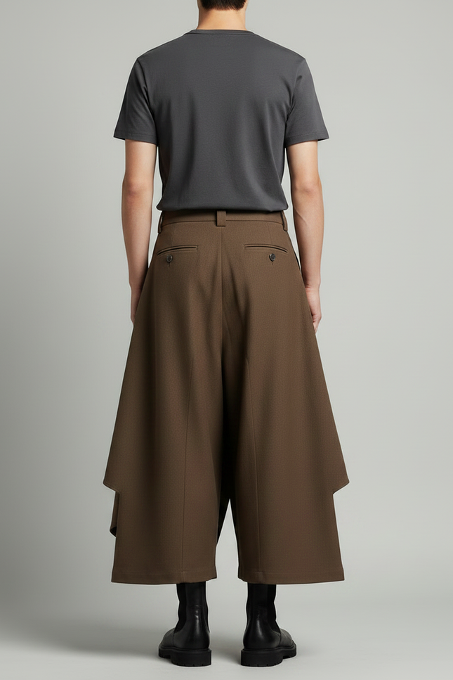 Pantalon Japonais Marron Ample Superposé Asymétrique Moderne - Laine - vue 2