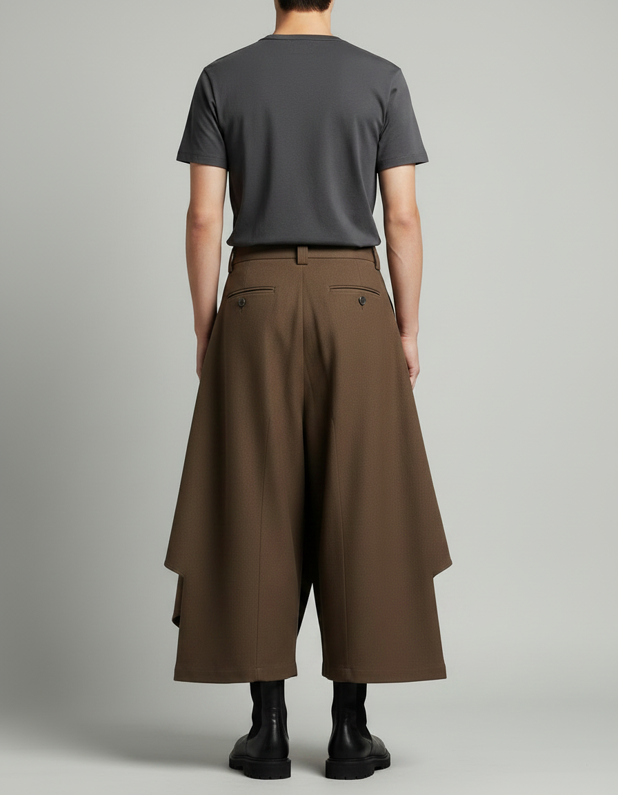 Pantalon Japonais Marron Ample Superposé Asymétrique Moderne - Laine - vue 2
