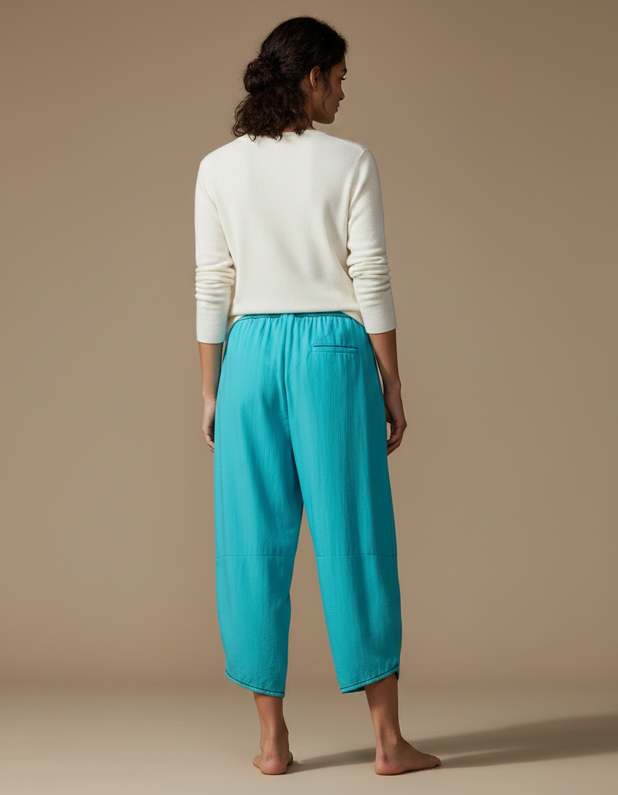 Pantalon Japonais Turquoise Ample Décontracté Noir Imprimé - Bleu Lin - vue 2