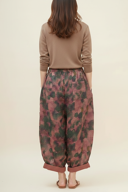 Pantalon Japonais Fleuri Lin Ample Harem Femme - Imprimé - vue 2