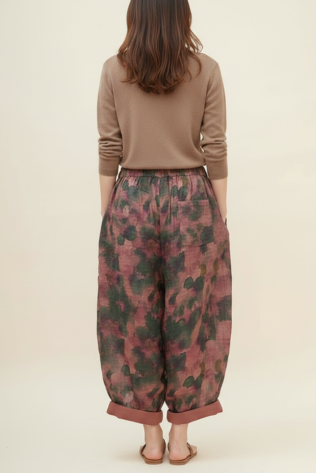 Pantalon Japonais Fleuri Lin Ample Harem Femme - Imprimé - vue 2