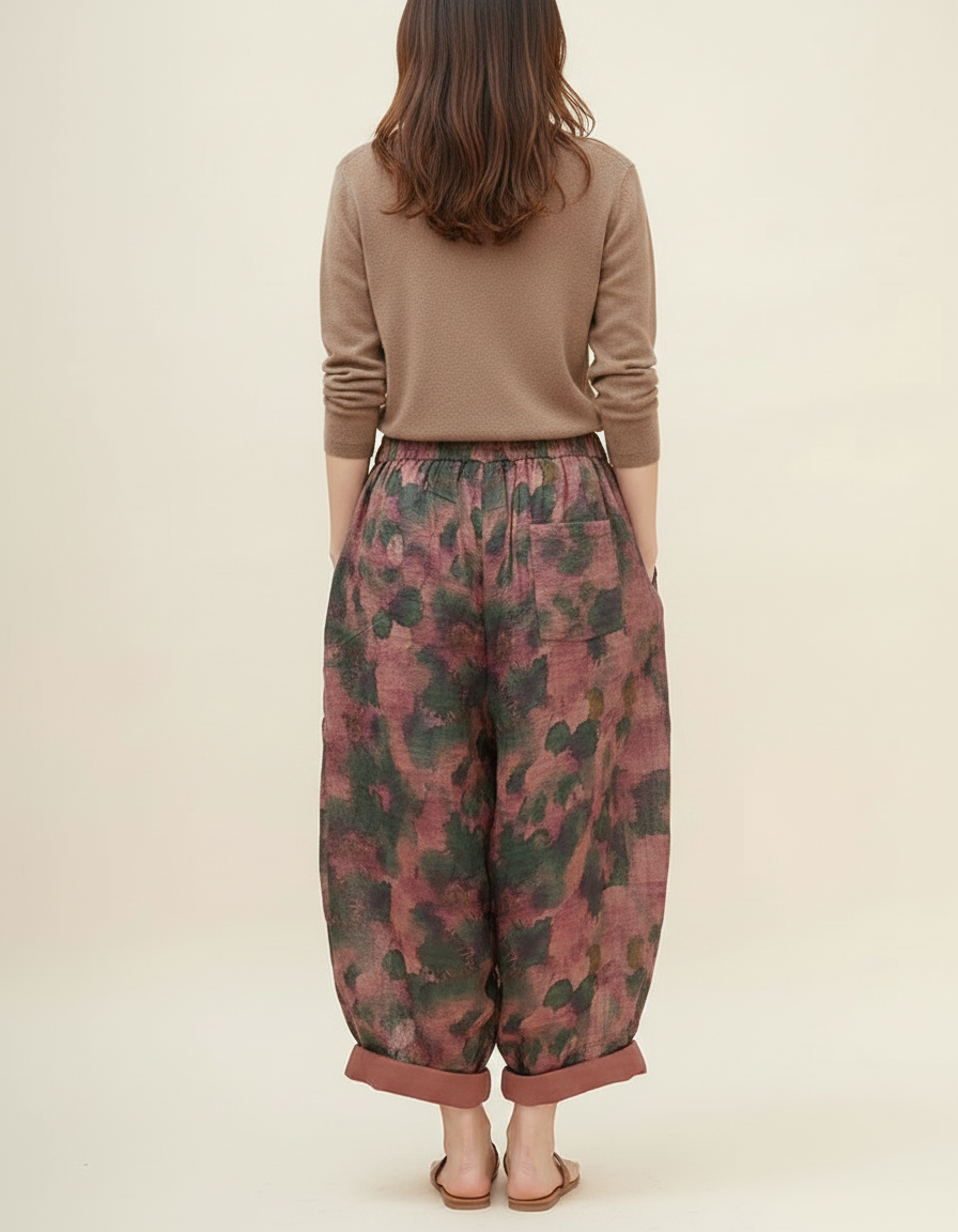 Pantalon Japonais Fleuri Lin Ample Harem Femme - Imprimé - vue 2