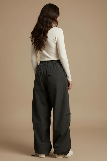 Pantalon Japonais Cargo Noir Ample Décontracté Oversize - Polyester - vue 2