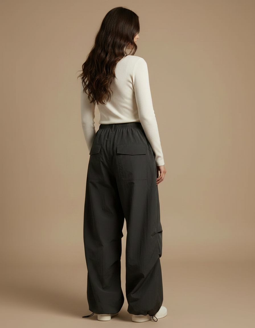 Pantalon Japonais Cargo Noir Ample Décontracté Oversize - Polyester - vue 2