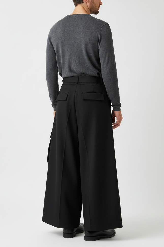 Pantalon Japonais Ample Noir Cargo Moderne Ceinturé - Polyester - vue 2