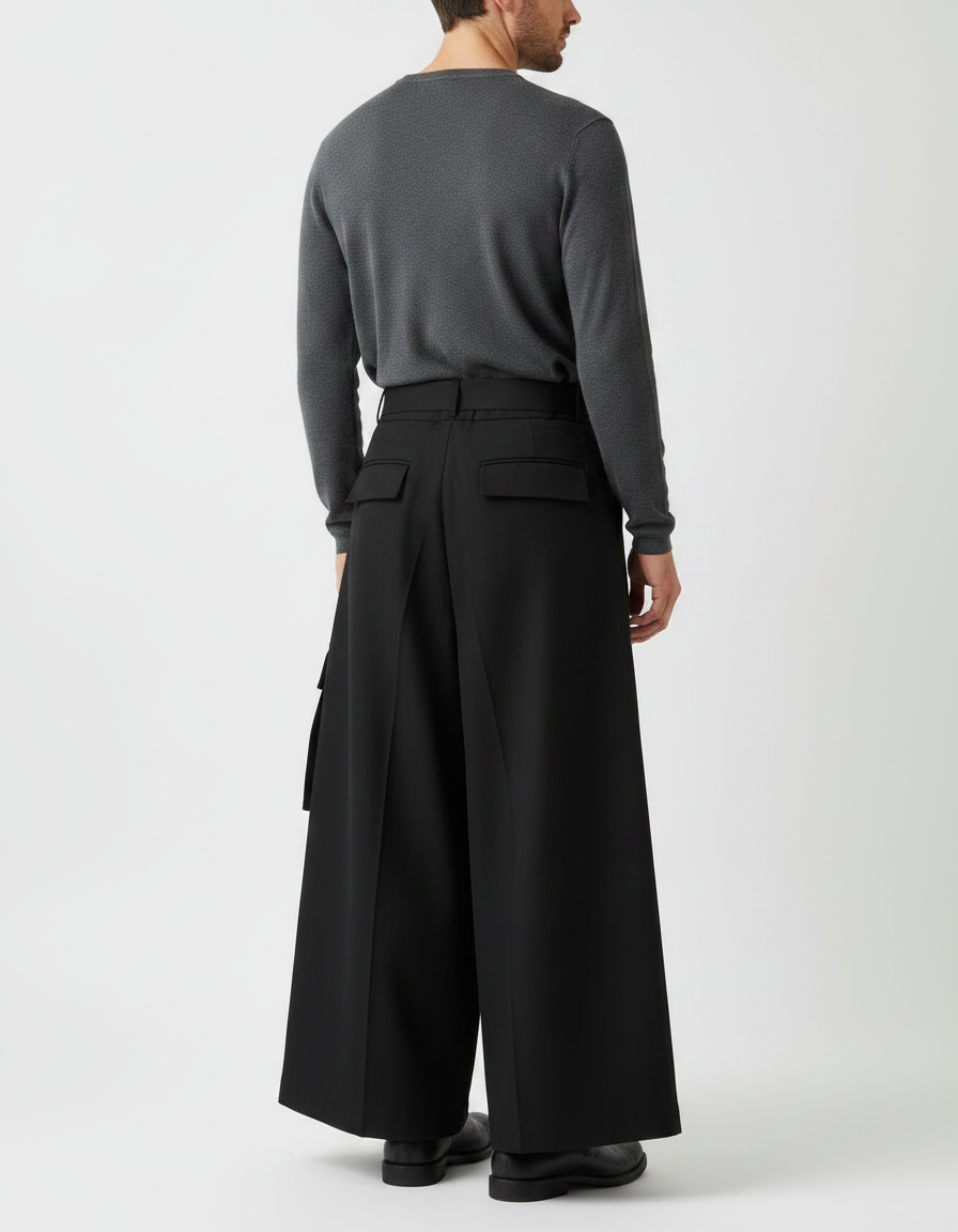 Pantalon Japonais Ample Noir Cargo Moderne Ceinturé - Polyester - vue 2