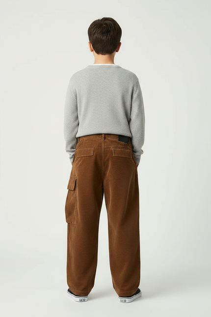 Pantalon Japonais Marron Ample Côtelé Cargo Garçon - Cordé - vue 2