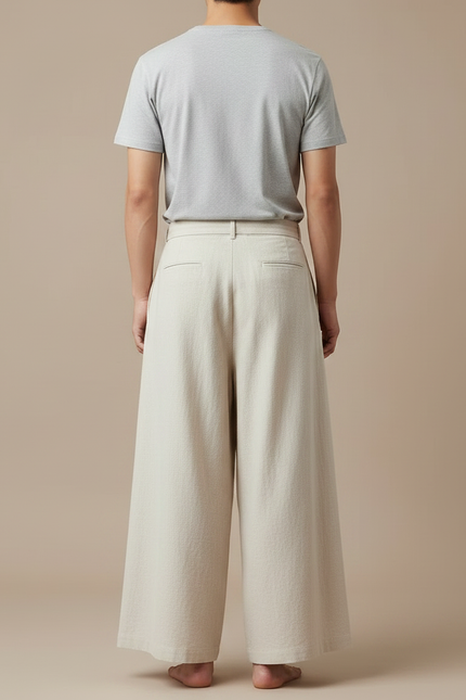 Pantalon Japonais Beige Ample Plissé Décontracté Homme - Lin - vue 2