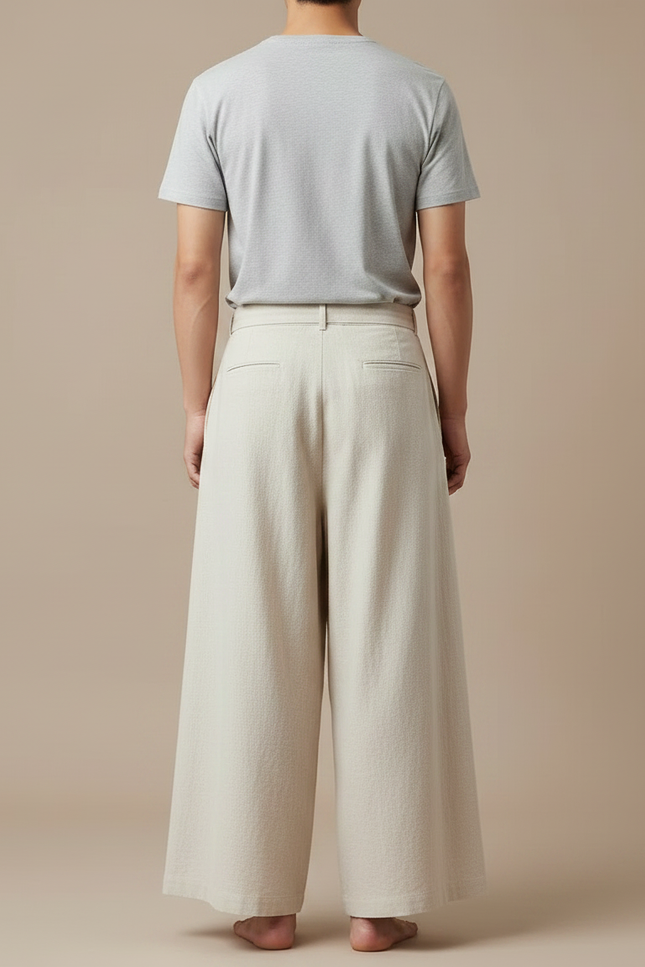 Pantalon Japonais Beige Ample Plissé Décontracté Homme - Lin - vue 2