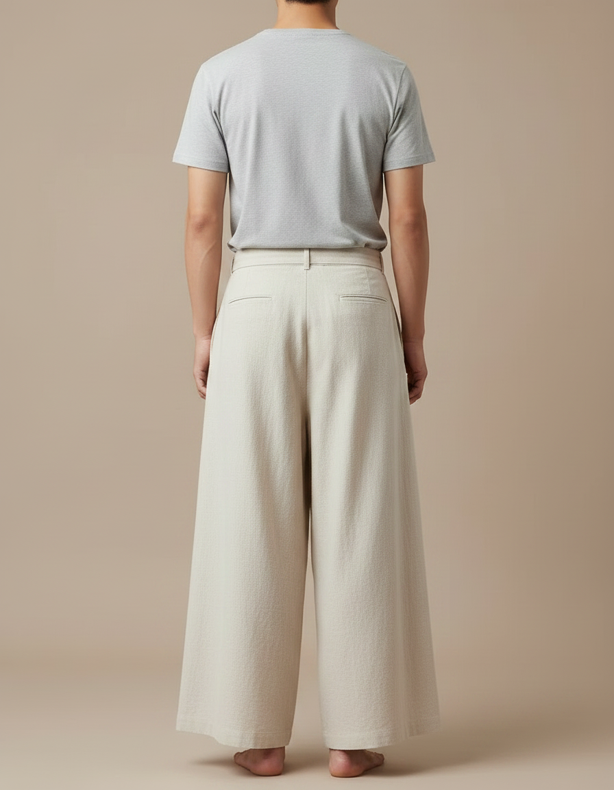 Pantalon Japonais Beige Ample Plissé Décontracté Homme - Lin - vue 2